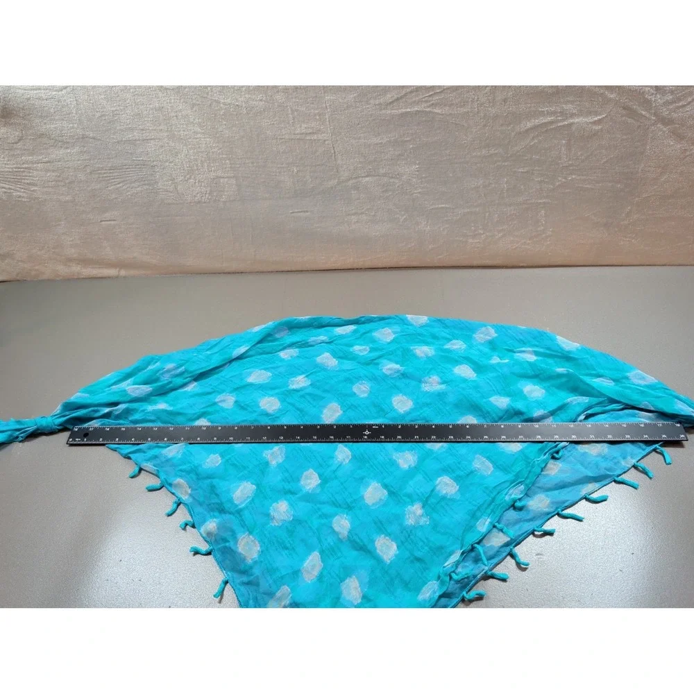 Turquoise Blue Polka Dot Triangular Scarf with Tassel Trim Boho Lightweight